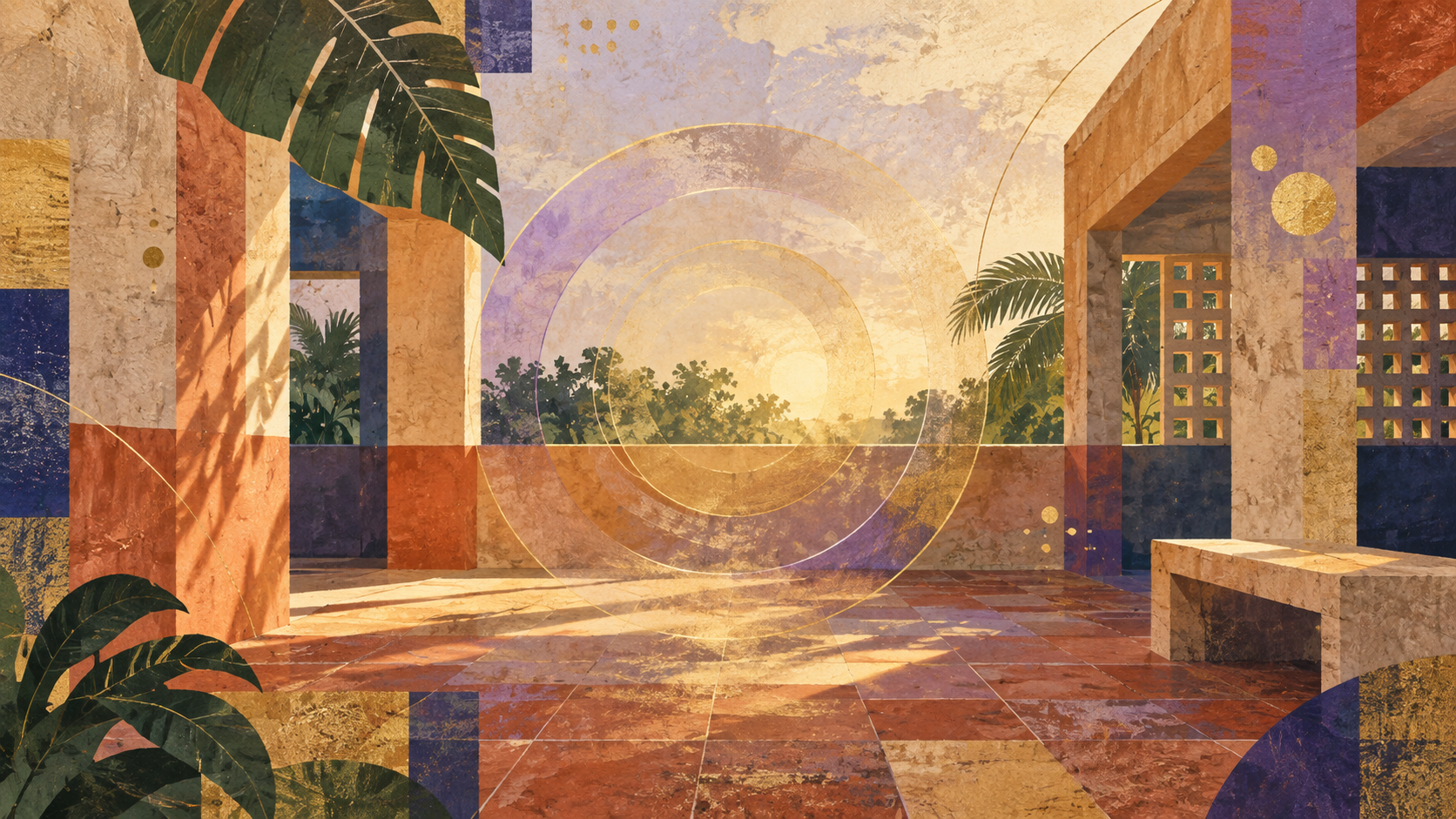 Ilustración abstracta sobre aura farming en un patio escolar caribeño